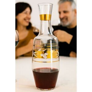 Vintage MCM Serving Decanter Cranberry Glass Gold Bands Etched Italy